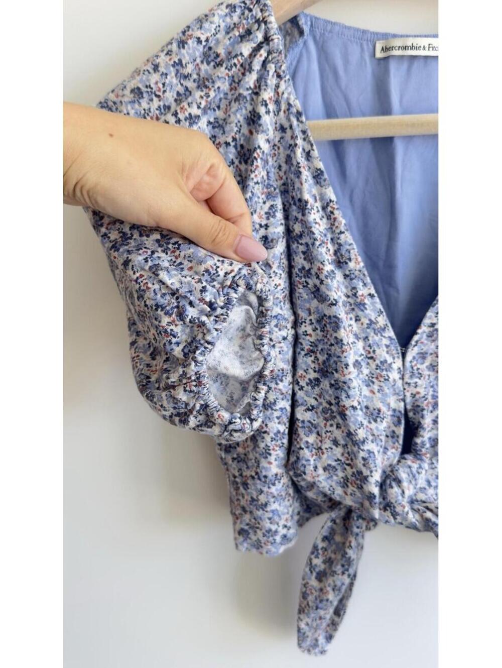 Abercrombie & Fitch Linen Blend Floral Tie Front Crop Top Puff Sleeve XS - Picture 5 of 9